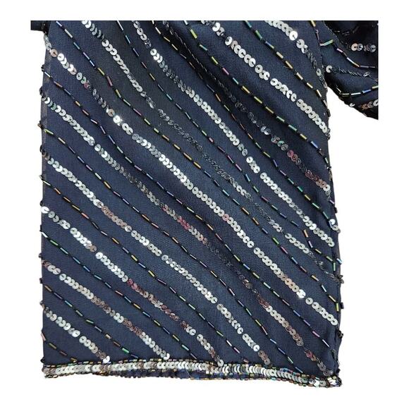 Papell Studio beaded blouse plus sz 1X silk blue silver NWT v-neck 3/4 sleeve - Picture 5 of 12